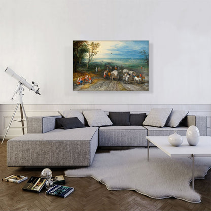 Panoramic Landscape Travellers Horses Carts Cattle On Sandy Road