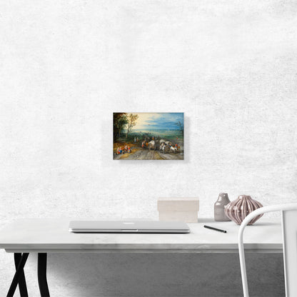 Panoramic Landscape Travellers Horses Carts Cattle On Sandy Road