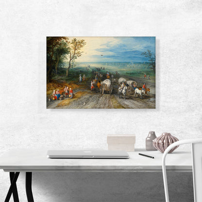 Panoramic Landscape Travellers Horses Carts Cattle On Sandy Road