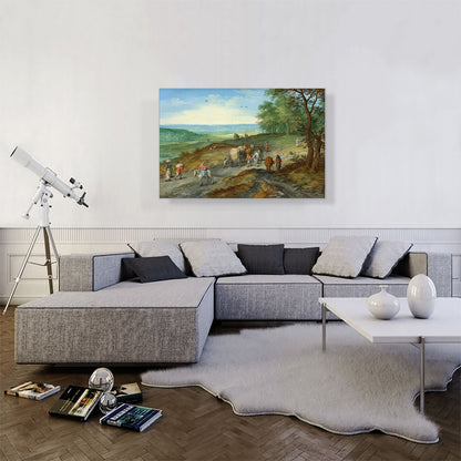 Panoramic Landscape With Covered Wagon Travelers On Highway