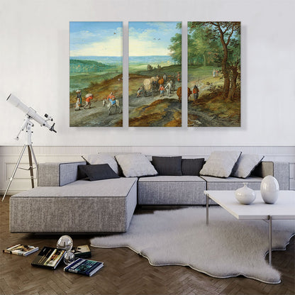 Panoramic Landscape With Covered Wagon Travelers On Highway