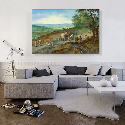 Panoramic Landscape With Covered Wagon Travelers On Highway