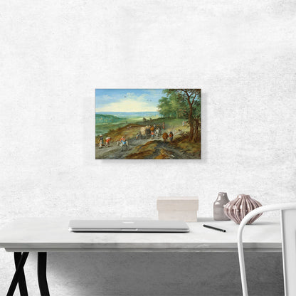 Panoramic Landscape With Covered Wagon Travelers On Highway
