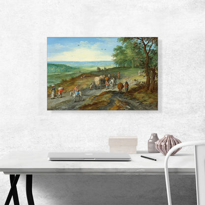Panoramic Landscape With Covered Wagon Travelers On Highway