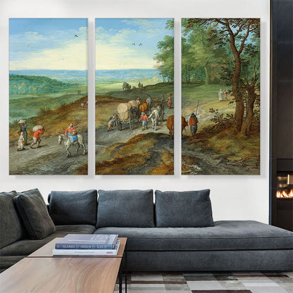 Panoramic Landscape With Covered Wagon Travelers On Highway