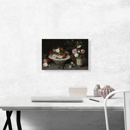 Still Life Of Roses And Other Flowers In a Bowl And a Vase