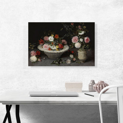Still Life Of Roses And Other Flowers In a Bowl And a Vase