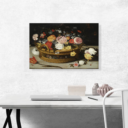 Still Life Roses Tulips Flowers In Basket Stone Ledge Lady-Bird Tiny Beetle