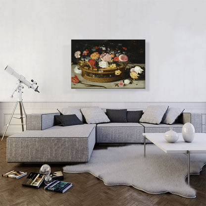 Still Life Roses Tulips Flowers In Basket Stone Ledge Lady-Bird Tiny Beetle