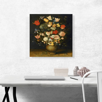 Still Life Tulips Roses Irises Unpainted Clay Vase Brooch Ring Bettle On Ledge