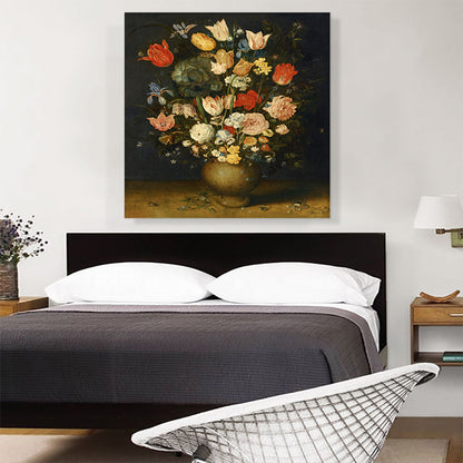 Still Life Tulips Roses Irises Unpainted Clay Vase Brooch Ring Bettle On Ledge
