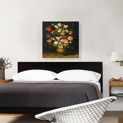 Still Life Tulips Roses Irises Unpainted Clay Vase Brooch Ring Bettle On Ledge