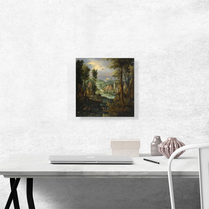 A River Landscape With Figures Bathing And a Village Beyond