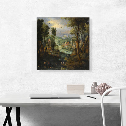 A River Landscape With Figures Bathing And a Village Beyond