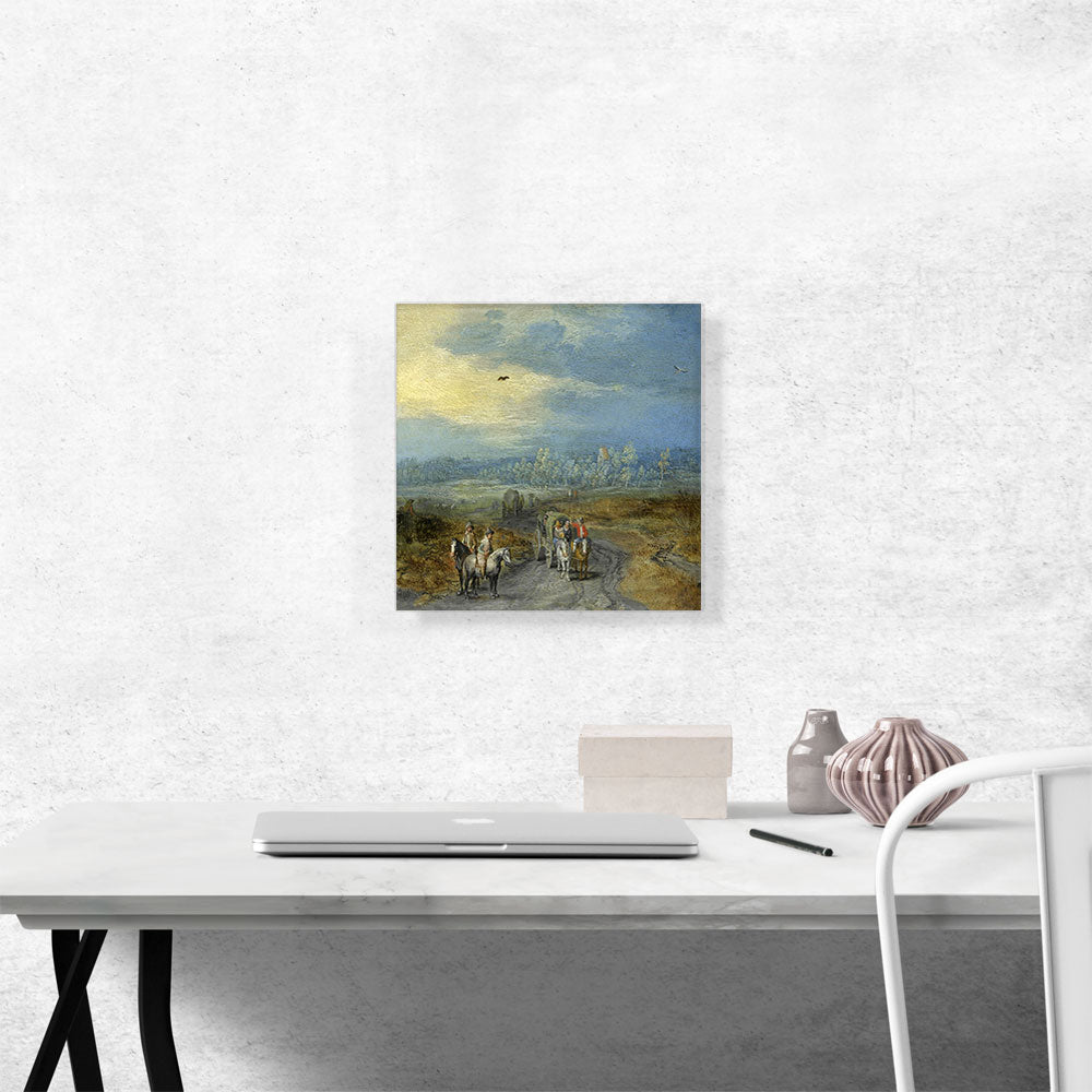 Travellers On A Country Road With A Village Beyond