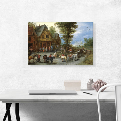 Village Landscape With Horses Carts Figures Before Cottages