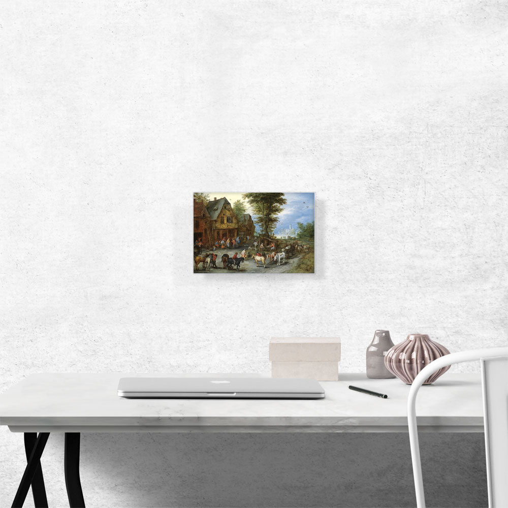 Village Landscape With Horses Carts Figures Before Cottages