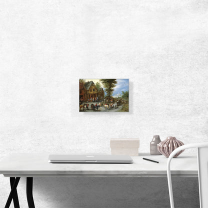 Village Landscape With Horses Carts Figures Before Cottages