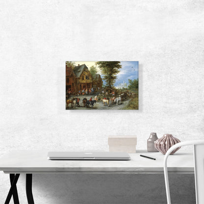 Village Landscape With Horses Carts Figures Before Cottages