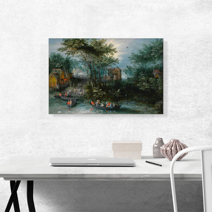 A Wooded Landscape With Peasants Crossing The River