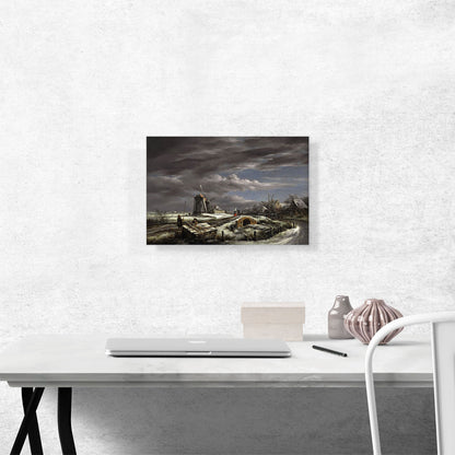Winter Landscape With Figures On Path A Footbridge Windmills