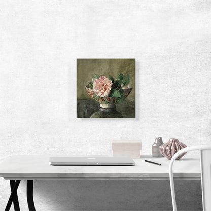 Camellia In Old Chinese Vase On Black Lacquer Table