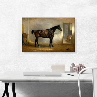 A saddled Dark Bay Hunter in a Loose Box 1848