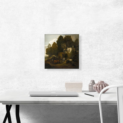 Wooded Landscape Children Descending Steps of Mansion