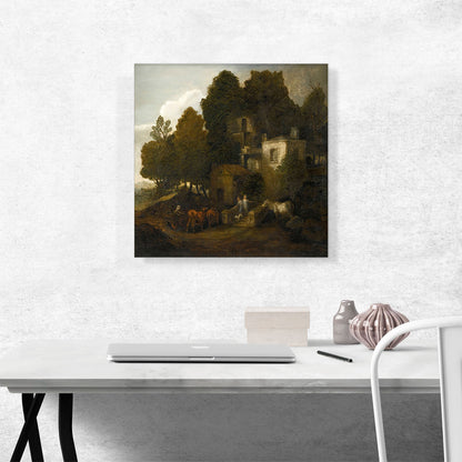 Wooded Landscape Children Descending Steps of Mansion