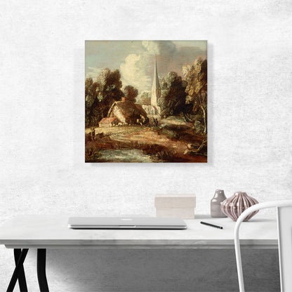 Landscape With Church Cottage Villagers Animals 1771