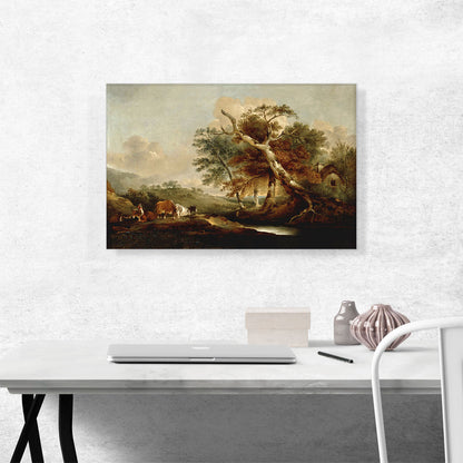 Landscape With Seated Figure Cattle Sheep By Water