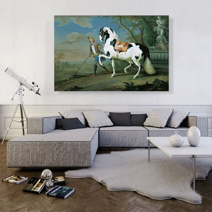 Man Leading Black White Horse