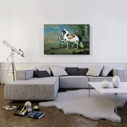 Man Leading Black White Horse