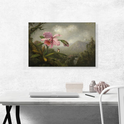 Orchid and Hummingbird near a Waterfall