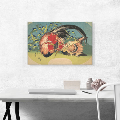 Rooster, Hen and Chicken with Spiderwort 1830