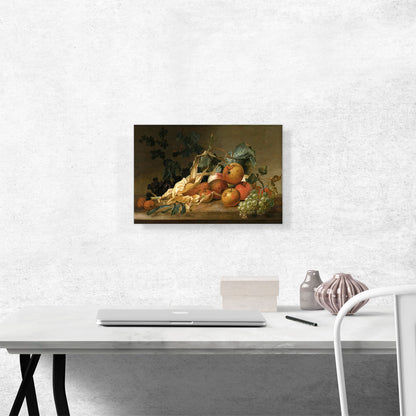 Still Life Blackberries Grapes Apples Sweetcorn Walnuts Stone Ledge