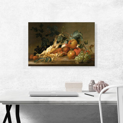 Still Life Blackberries Grapes Apples Sweetcorn Walnuts Stone Ledge