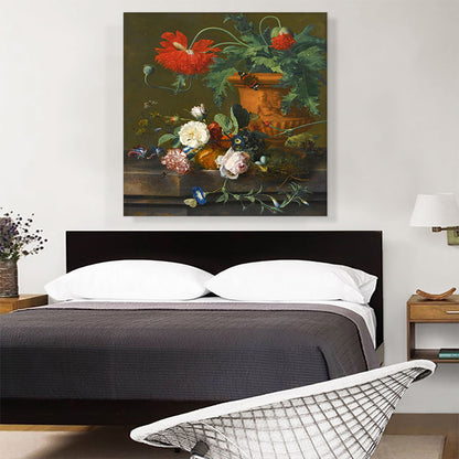 Still Life Poppies Terracotta Vase Roses Carnation Bird's Nest On Marble