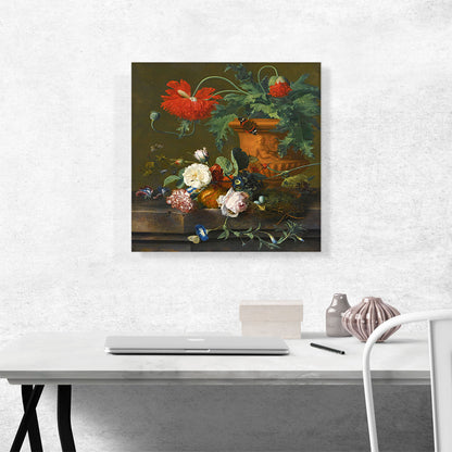 Still Life Poppies Terracotta Vase Roses Carnation Bird's Nest On Marble