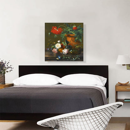 Still Life Poppies Terracotta Vase Roses Carnation Bird's Nest On Marble