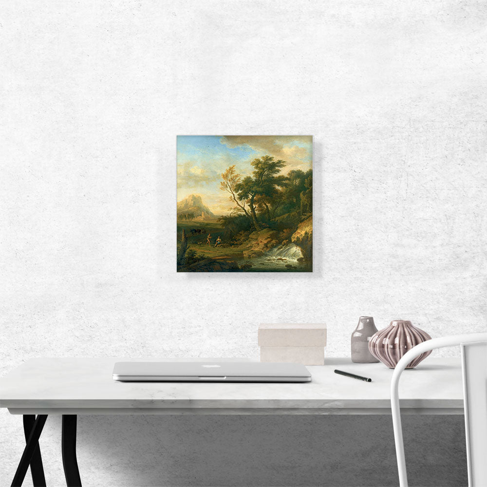 A Italianate Landscape Peasants Conversing By a Waterfall