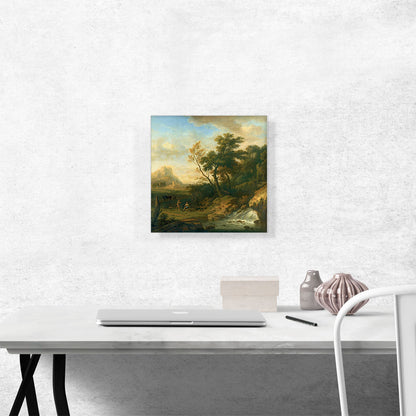 A Italianate Landscape Peasants Conversing By a Waterfall