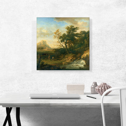A Italianate Landscape Peasants Conversing By a Waterfall