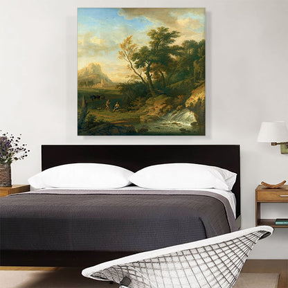 A Italianate Landscape Peasants Conversing By a Waterfall