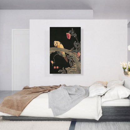 Parrot on the Branch of a Flowering Rose Bush