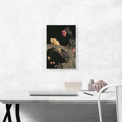 Parrot on the Branch of a Flowering Rose Bush