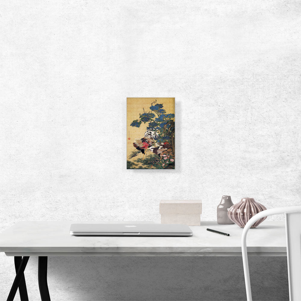 Rooster and Hen with Hydrangeas