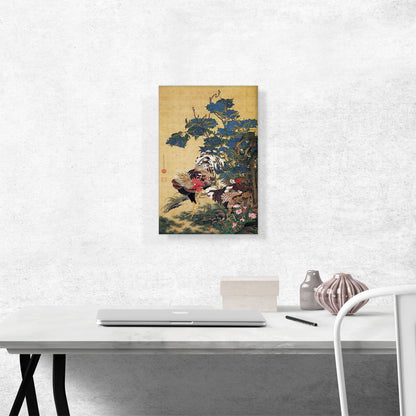 Rooster and Hen with Hydrangeas