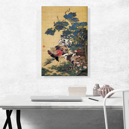Rooster and Hen with Hydrangeas