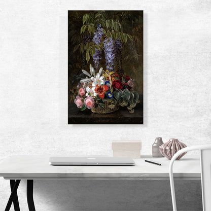 Wisteria With Roses Lilies And Summer Flowers In a Basket